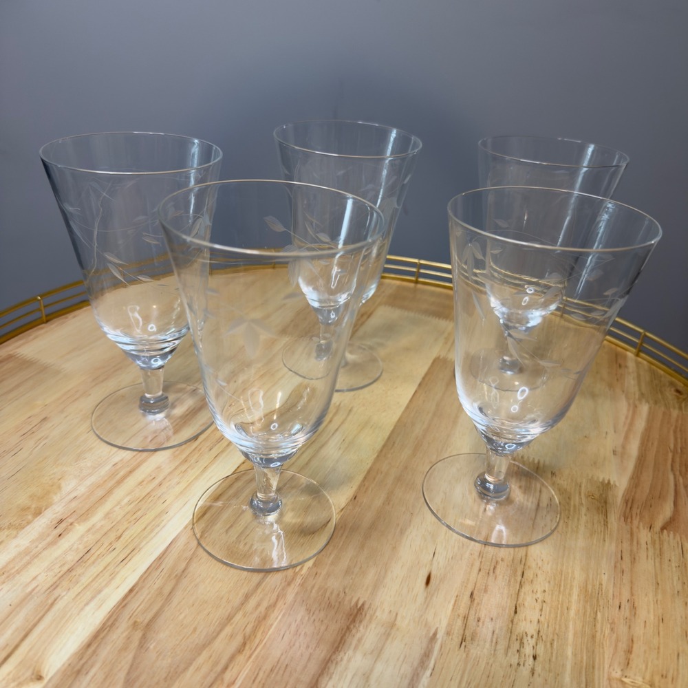 Vintage Etched Glass Water Goblets Set of 5 Leaf‎ Vine Floral Footed Stemware